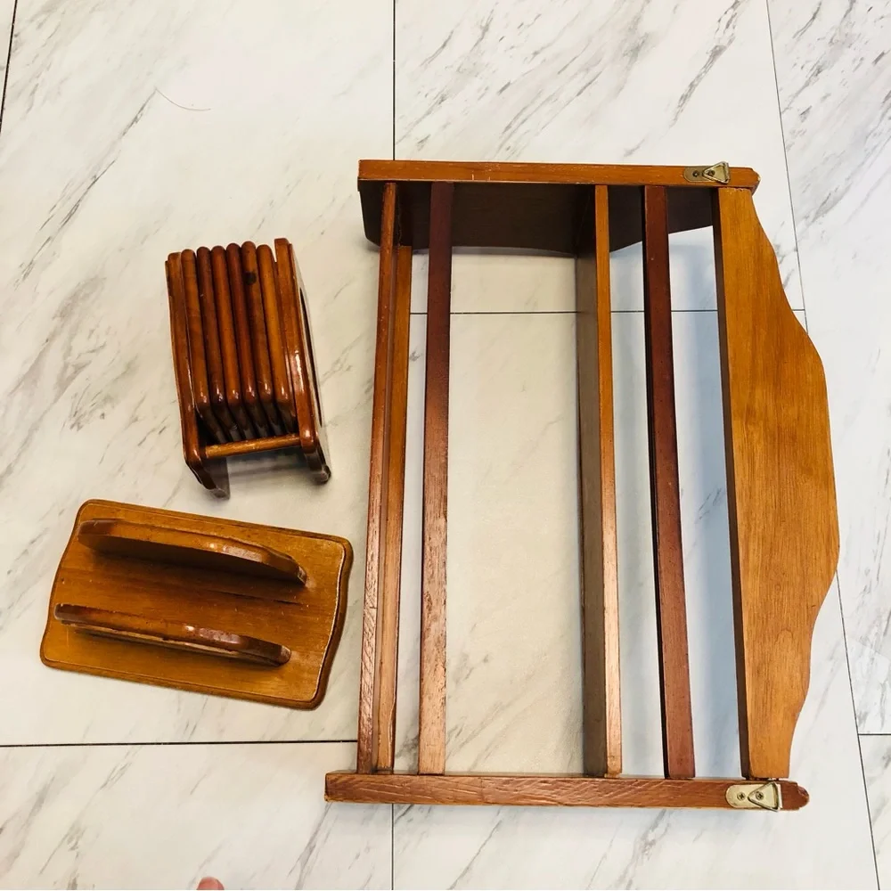 VTG Wood Countertop Trinket Shelf Spice Rack Napkin Coaster Holders Set Cottage